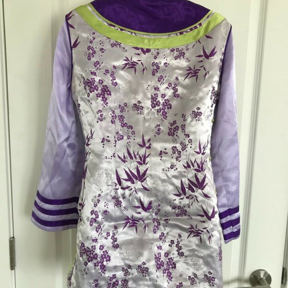 Cheongsam QiPao Long Sleeve Tunic Top Purple Green Bamboo Satin Brocade - Picture 9 of 9
